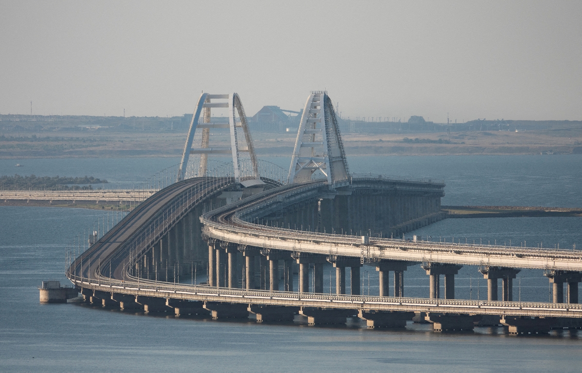 Blasted Crimean bridge supports, bridge is in emergency position / day